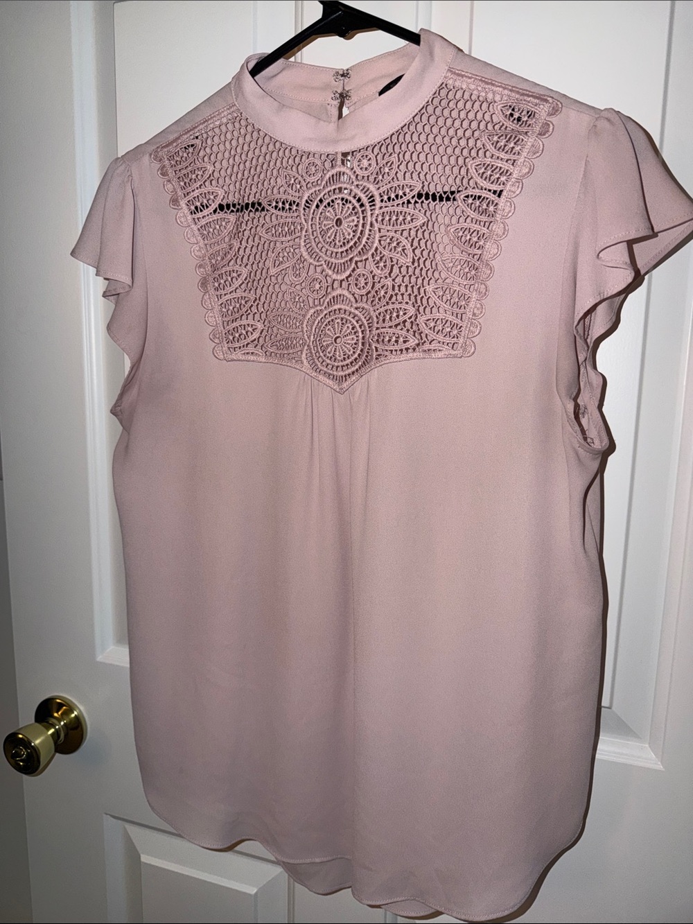 Express Blush Pink Crochet Yoke Flutter Sleeve Blouse